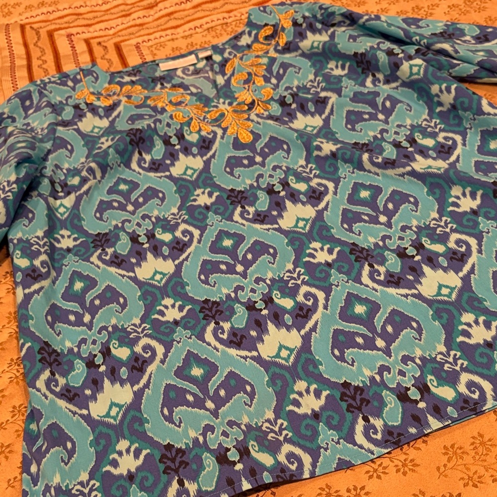 NWOT BELLISIMA (Kim Gravel) Tunic, Blue/Purple Pattern with Embroidery, L
